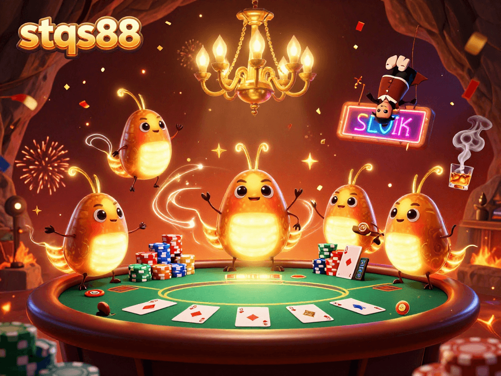 Experience the excitement of stqs88 with glowworms illuminating a vibrant casino scene.