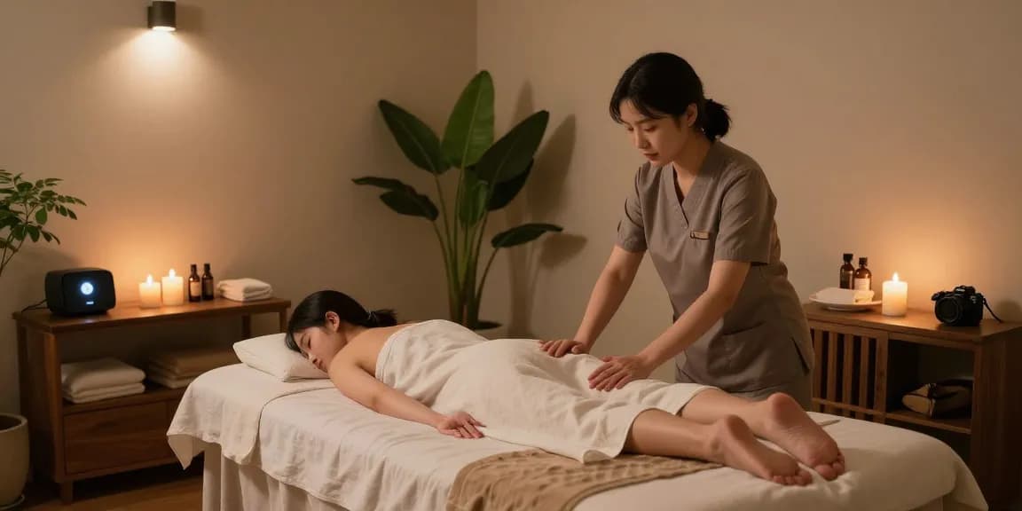 양천구출장마사지 in a serene spa setup with professional therapist and calming atmosphere.