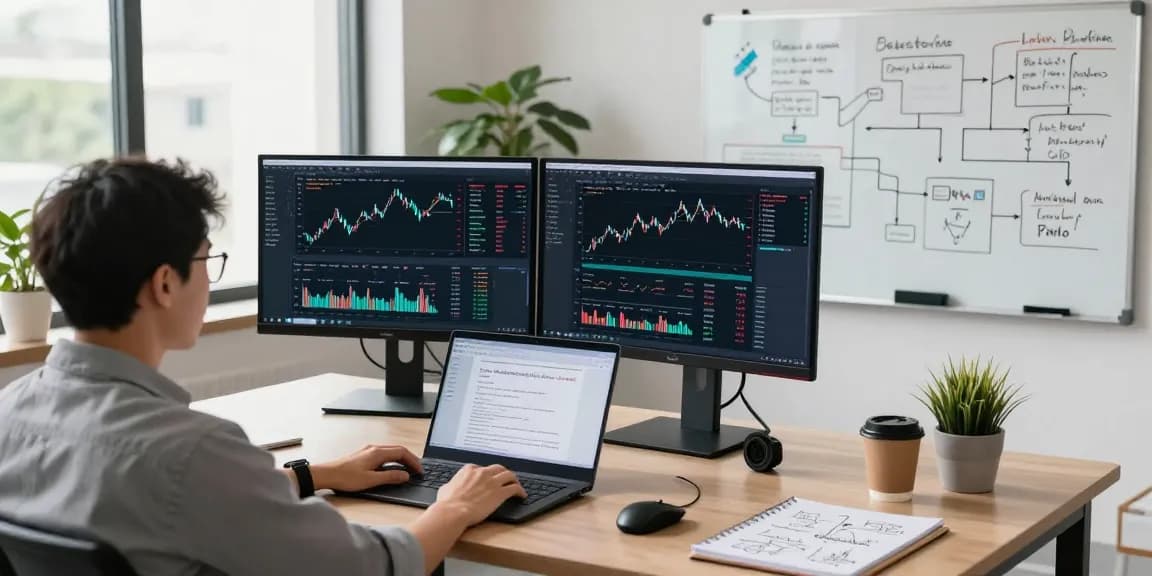 Real-time analysis of index backtesting data in a professional tech workspace with dual monitors.