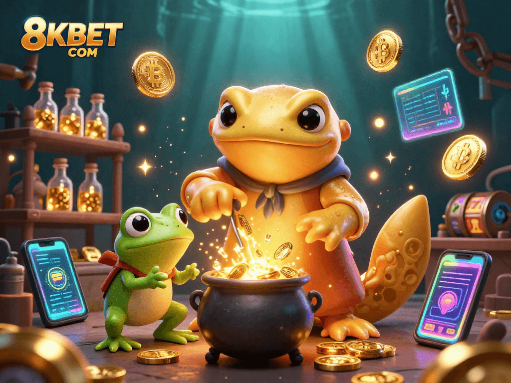 Spin the reels at 8KBET COM, featuring a golden salamander alchemist and crypto coins amidst a magical laboratory.