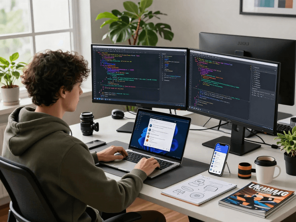Developer coding with dual monitors showcasing pikashow apk download in a modern workspace