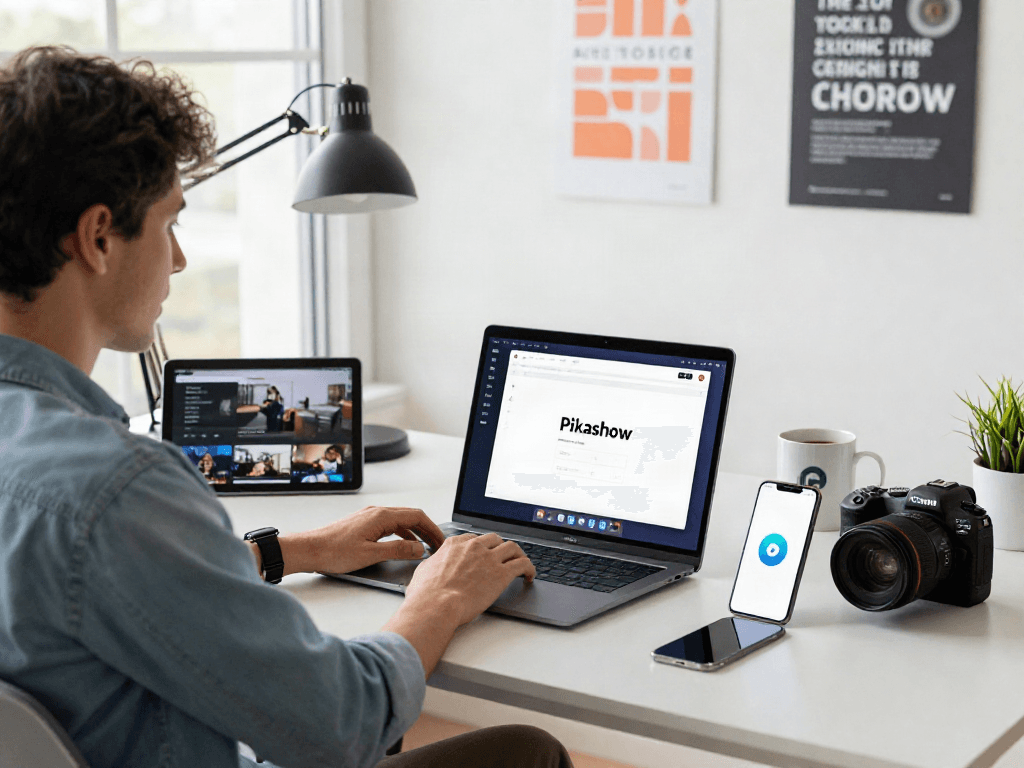 Pikashow apk download displayed on a modern laptop in a vibrant digital workspace.