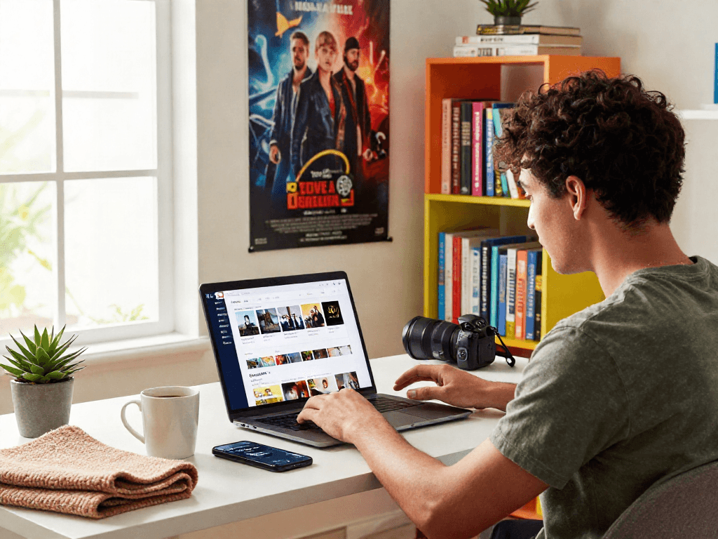 Cocoflix apk interface on a laptop in a cozy home office, highlighting a modern digital viewing experience.