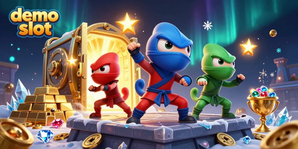 Mainkan demo slot dengan karakter ninja chameleon dan harta karun berkilau di sekitar mereka.