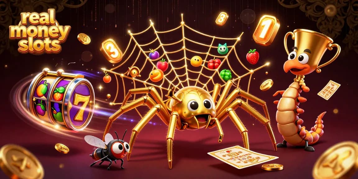 Spin real money slots with a golden spider and playful characters in a vibrant casino scene.