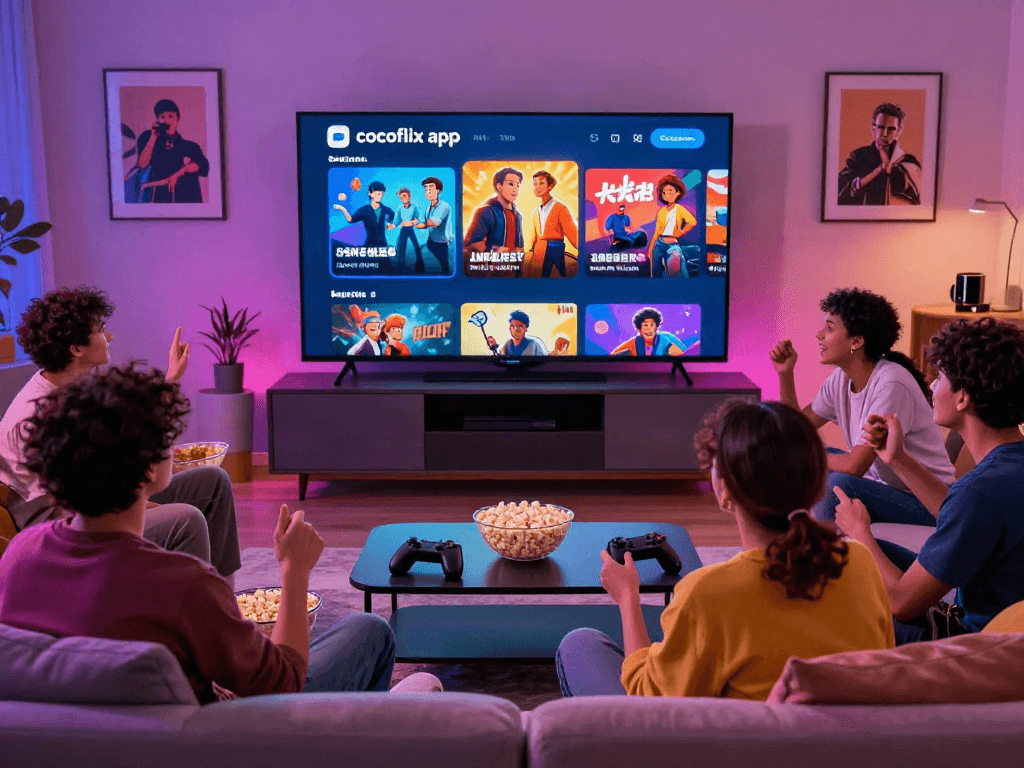 Friends enjoying a movie night with cocoflix apk on a large TV in a cozy living room setting.