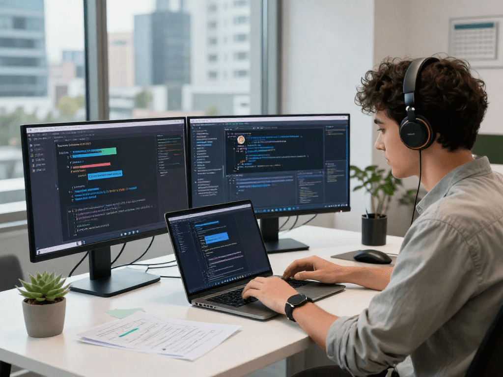 AI chat NSFW development workspace with screens, coding notes, and a city view.