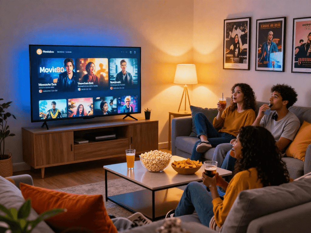 Friends enjoying a movie on the Moviebox app in a cozy entertainment lounge.