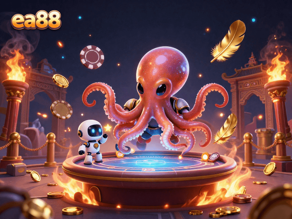 Engage with exciting gaming action at ea88 featuring a vibrant alien octopus and casino elements.