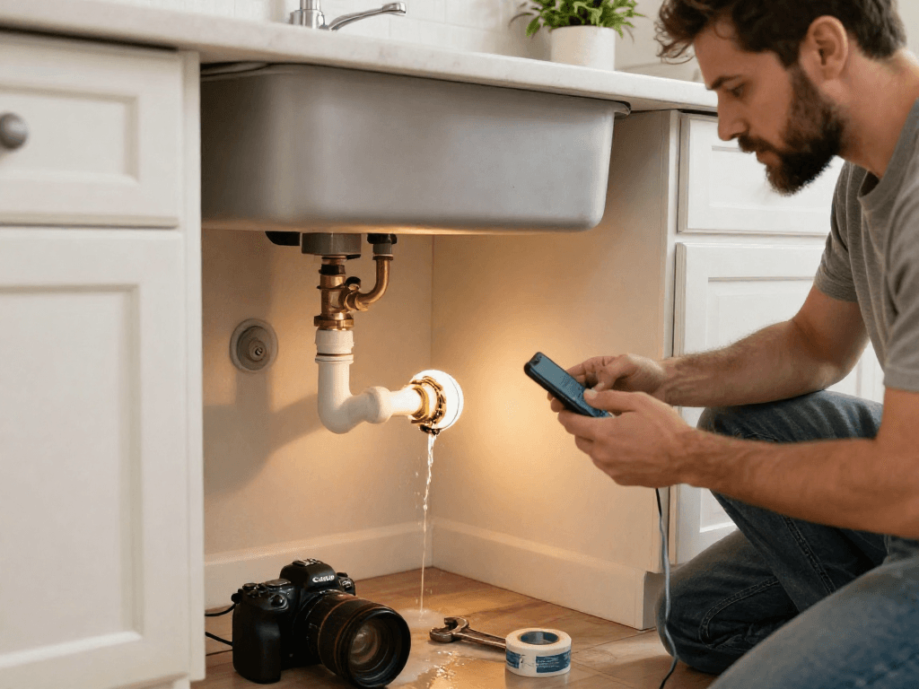 Leak repair Fort Worth scene with technician fixing a pipe under a sink in a modern kitchen.