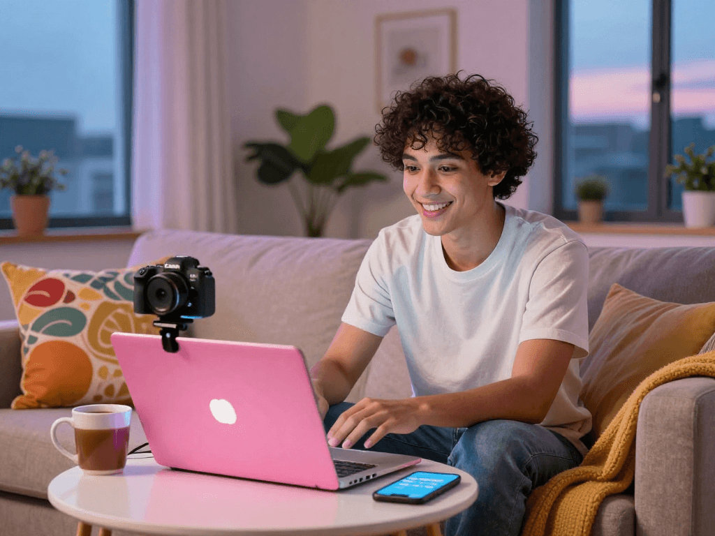 A young adult engaging in a pink live chat video call in a cozy home environment, showcasing real-time social interaction.