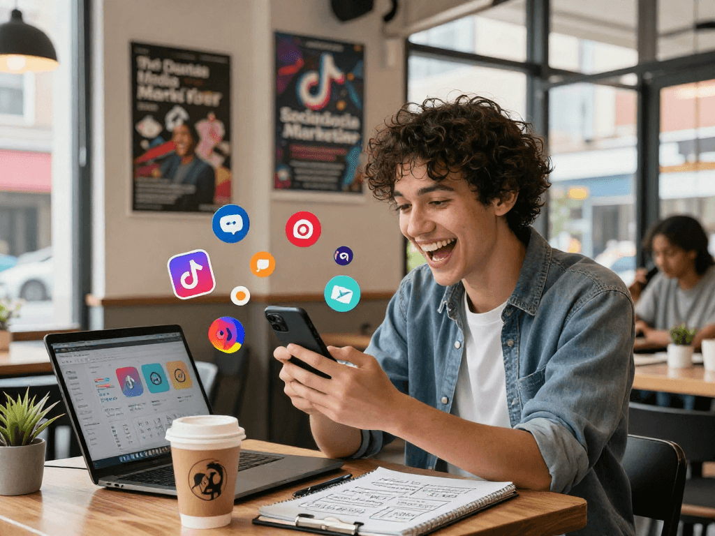 Where to buy TikTok followers: Young digital marketer strategizing in vibrant urban café with analytics dashboard