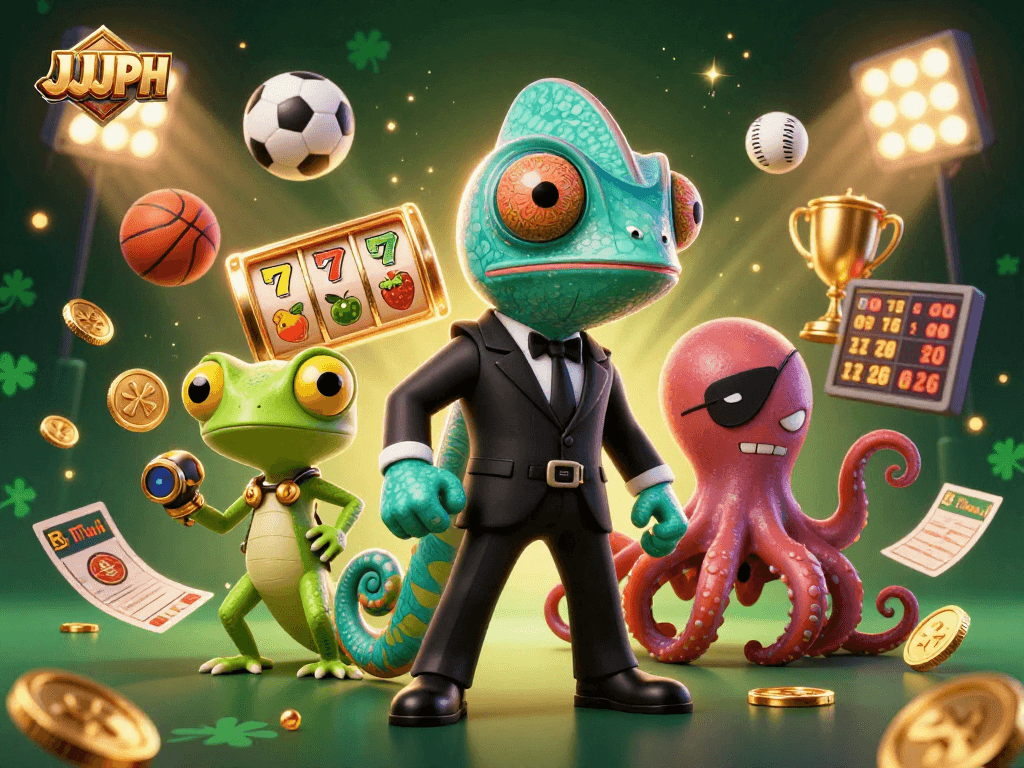 Engage in thrilling slots with JJJPH featuring colorful characters and vibrant casino elements.