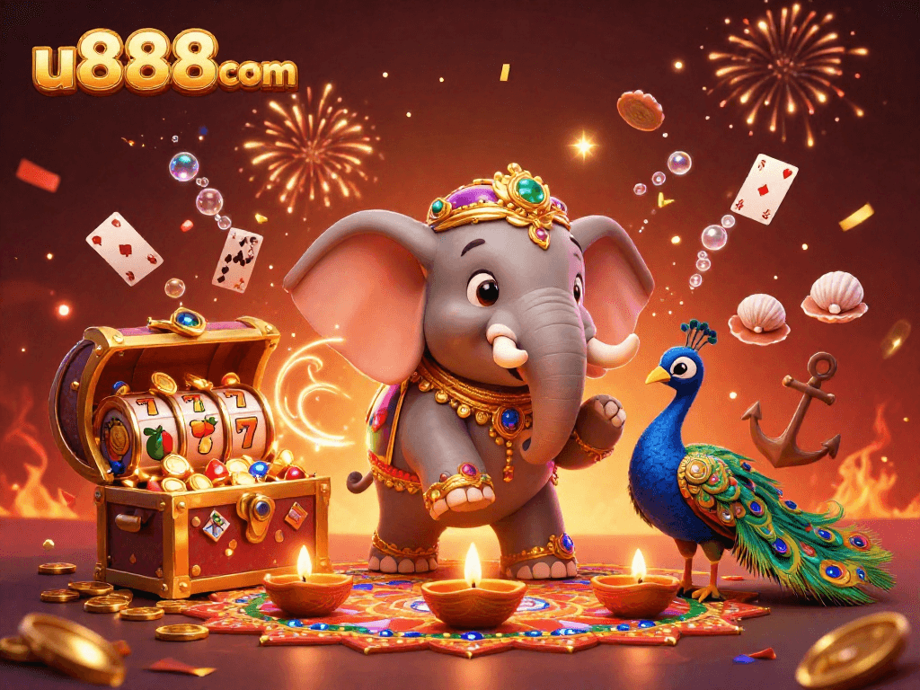 Engage in roulette with u888com while surrounded by a festive 3D cartoon illustration of an elephant and a peacock.