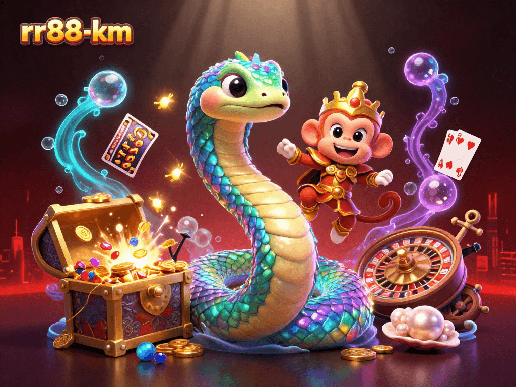 Engage with the rr88-km online casino showcased through a vibrant 3D illustration of a fantasy scene depicting a serpent, a monkey king, and animated gaming elements.