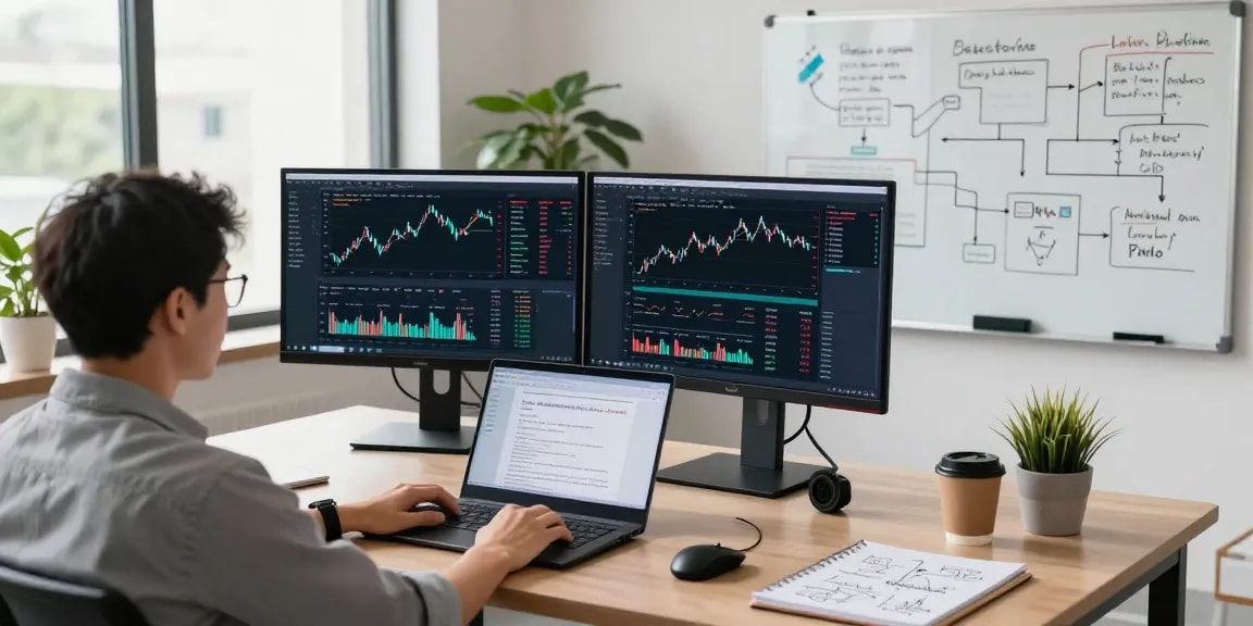 Real-time analysis of index backtesting data in a professional tech workspace with dual monitors.
