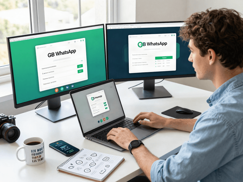 Exploring GB WhatsApp features in a modern office setting, with dual monitors and creative workspace.