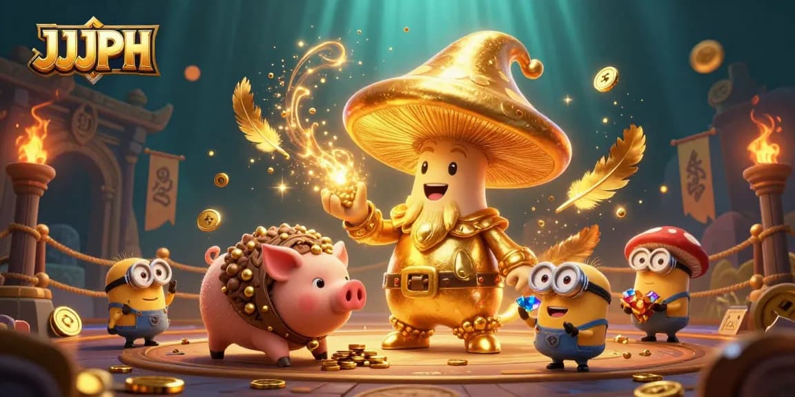 Experience the magic with JJJPH as the golden mushroom wizard leads treasure hunting in an enchanting casino.