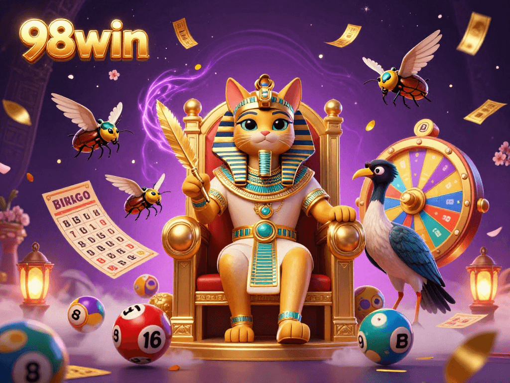 Experience the thrill of 98win with a vibrant casino scene featuring a pharaoh cat and dynamic lottery elements.