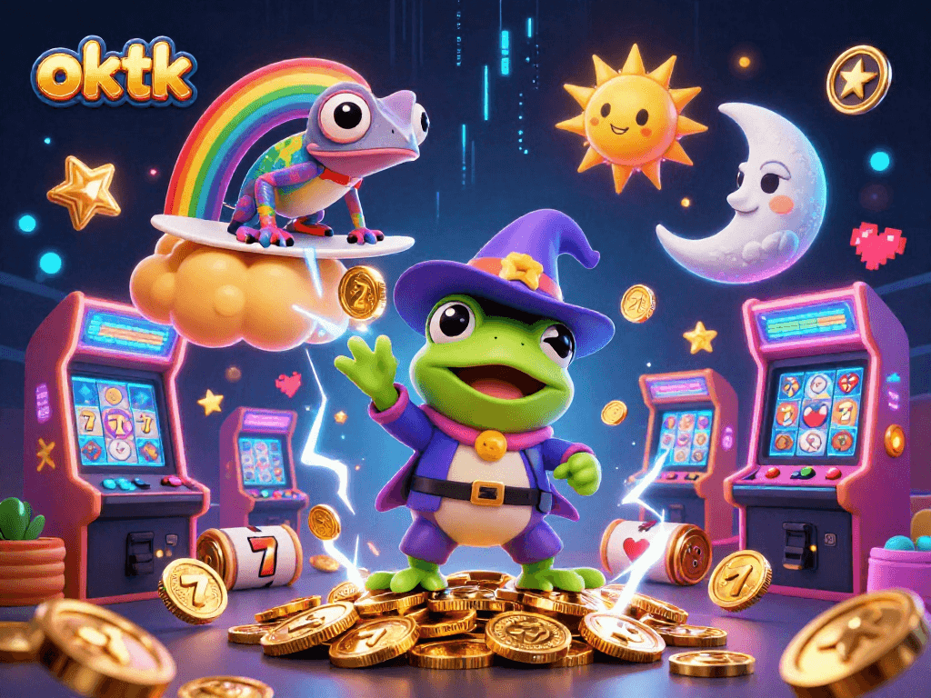 Spin for amazing rewards with oktk's vibrant 3D casino scene featuring playful characters and slot elements.