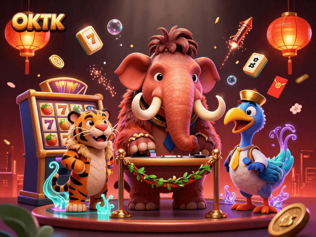 Experience the excitement of the OKTK casino with vibrant characters and dynamic gaming elements.