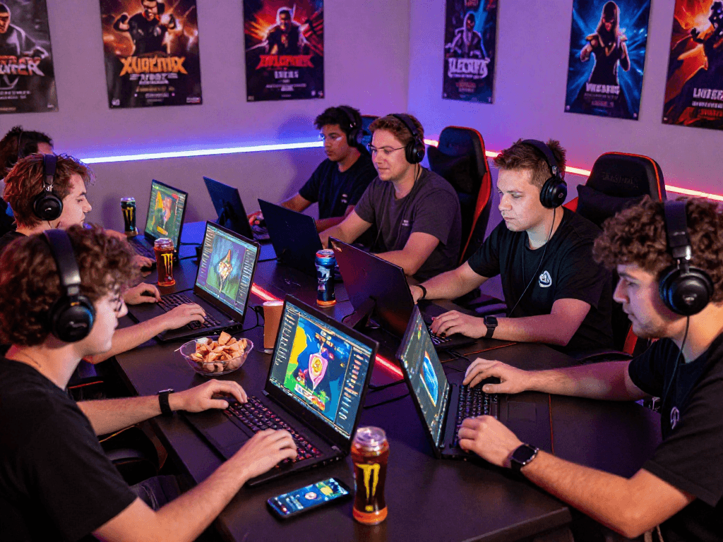 Group enjoying competitive gaming on lucky77 platform, featuring colorful devices and a lively atmosphere.
