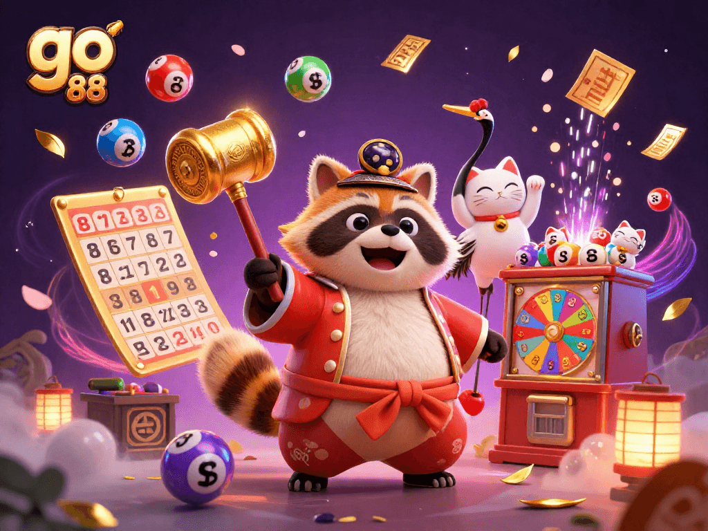 Engage with vibrant go 88 lottery fun featuring joyful tanuki and crane in a festive 3D casino scene.