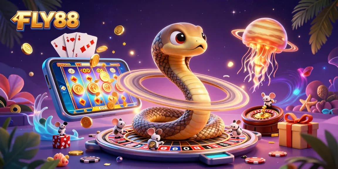 Experience thrilling action at FLY88 with a cosmic snake roulette, astronaut mice betting, and vibrant gaming elements.