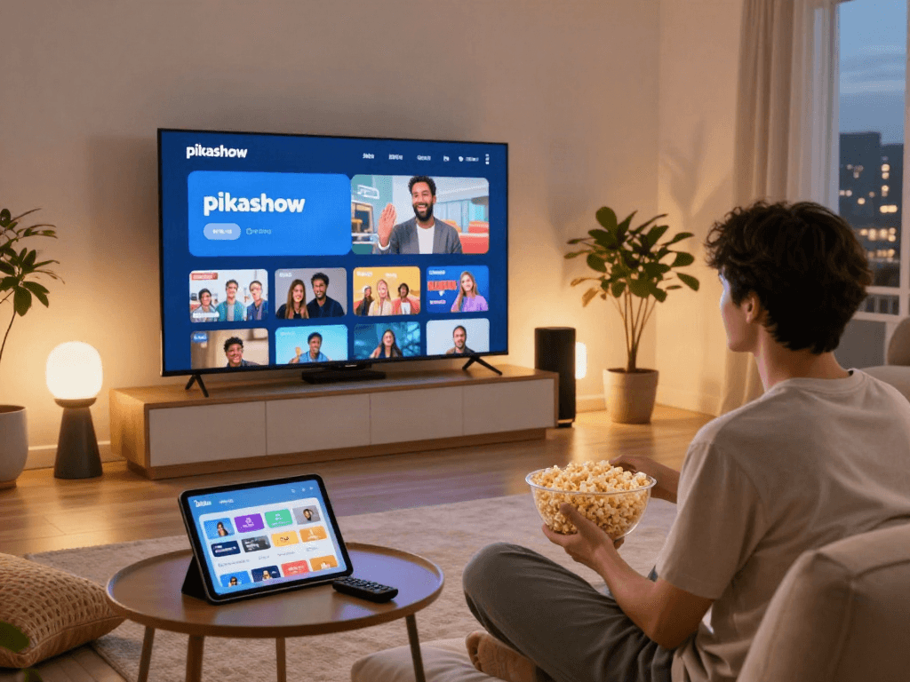 Enjoying the pikashow app on a smart TV in a cozy living room.