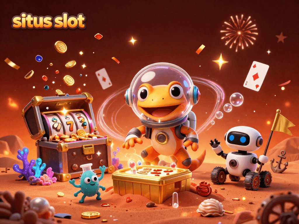 Situs slot gacor hari ini menampilkan karakter kartun alien dan mesin slot menang, penuh antusiasme dan keceriaan.