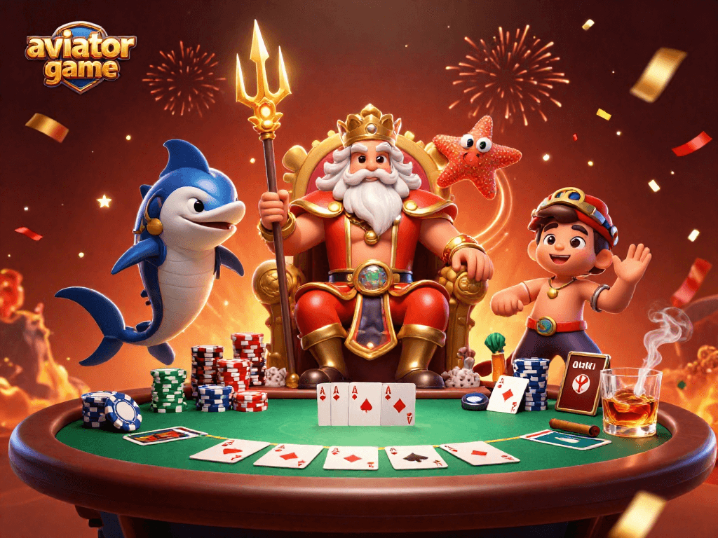 Aviator game illustration featuring Neptune and samurai in poker scene, capturing excitement