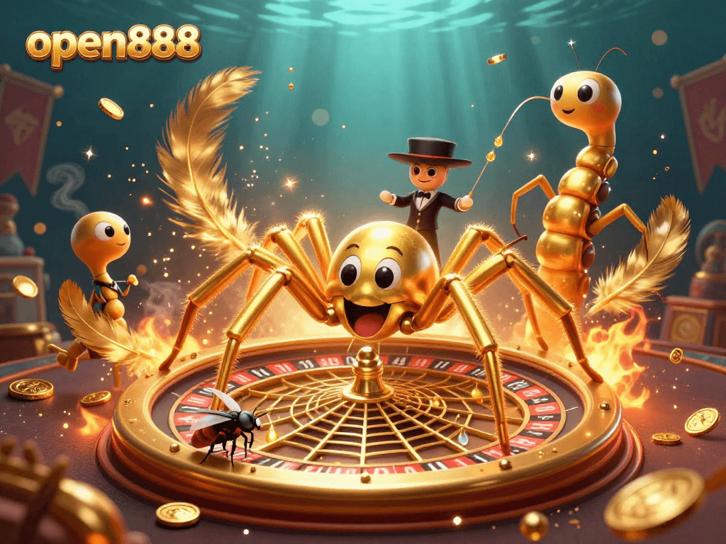 Engage with the vibrant open888 illustration of a spider croupier and a betting fly in a dynamic roulette scene.