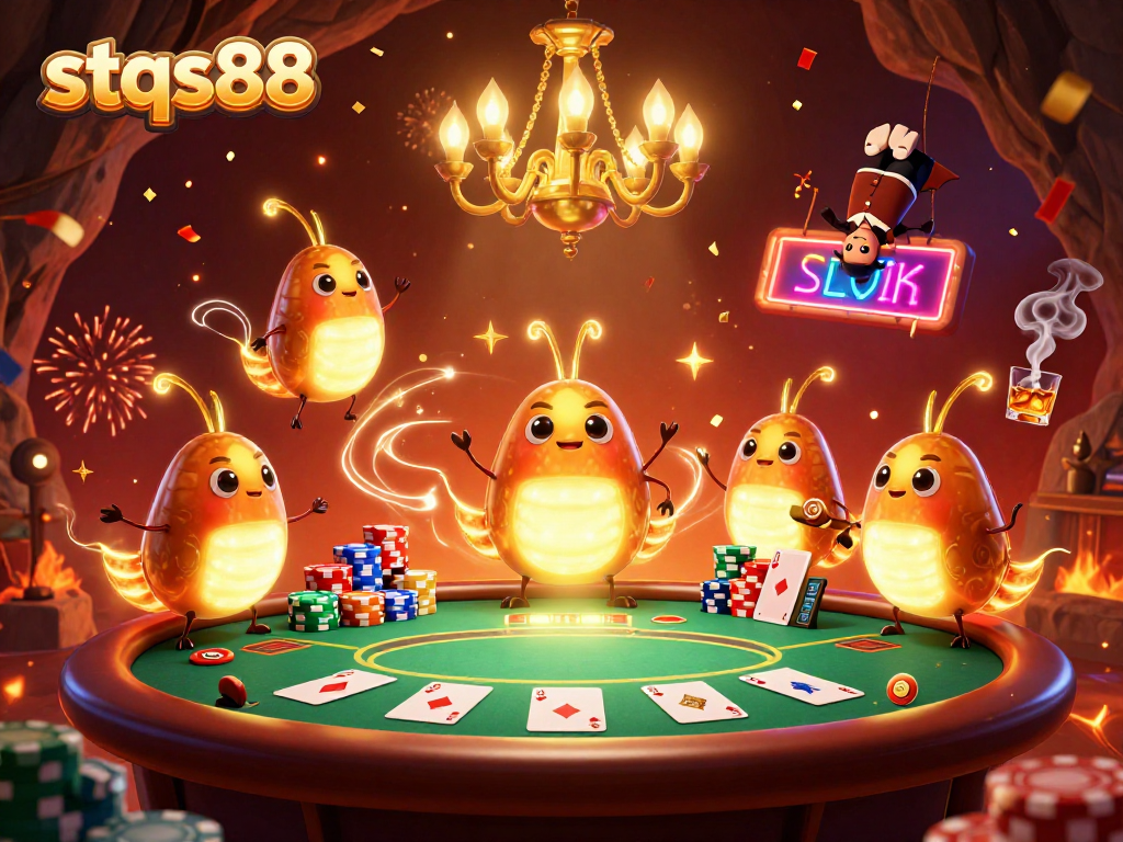 Experience the excitement of stqs88 with glowworms illuminating a vibrant casino scene.