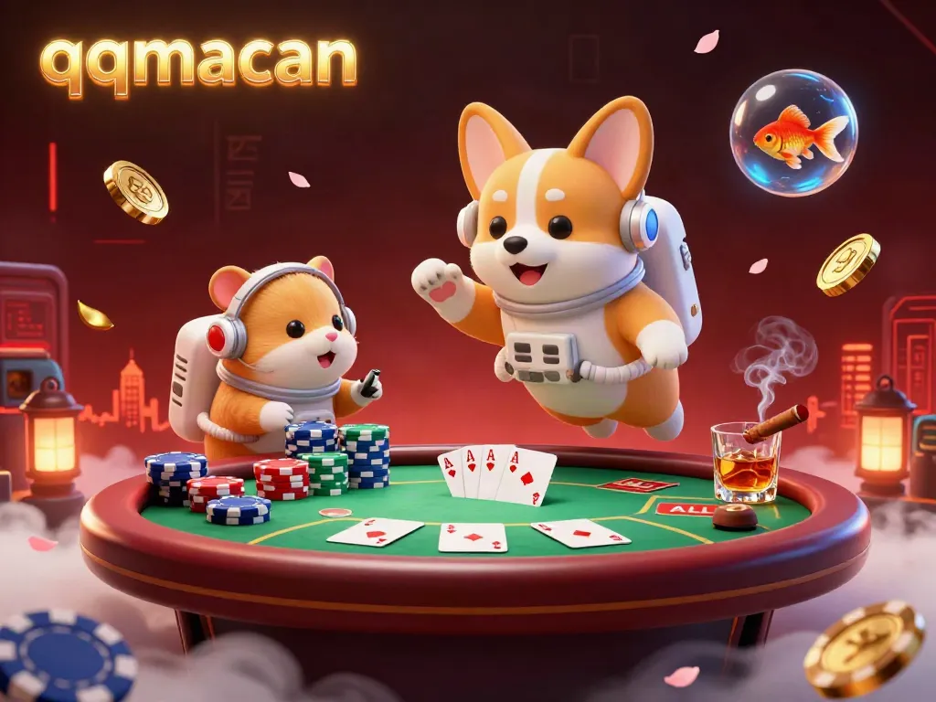 Experience thrilling gaming at qqmacan in a captivating 3D casino illustration with floating poker elements.
