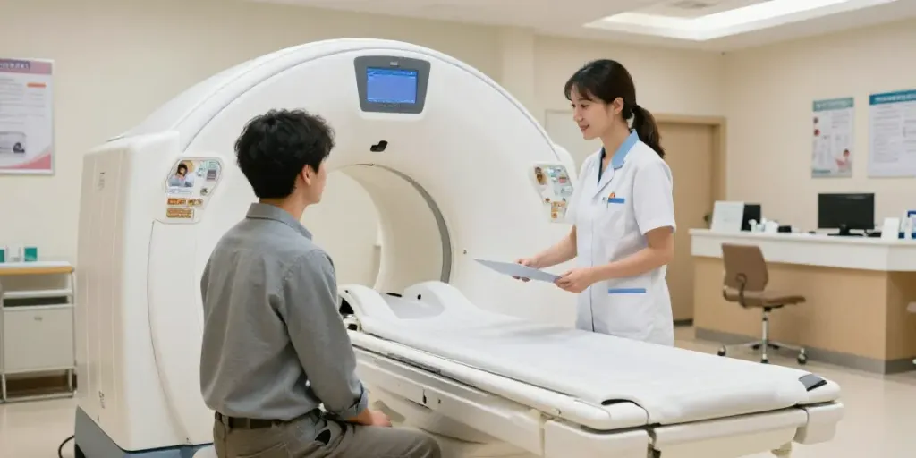 Röntgenreizbestrahlung in der Nähe: Patient wird in moderner Radiologie untersucht.