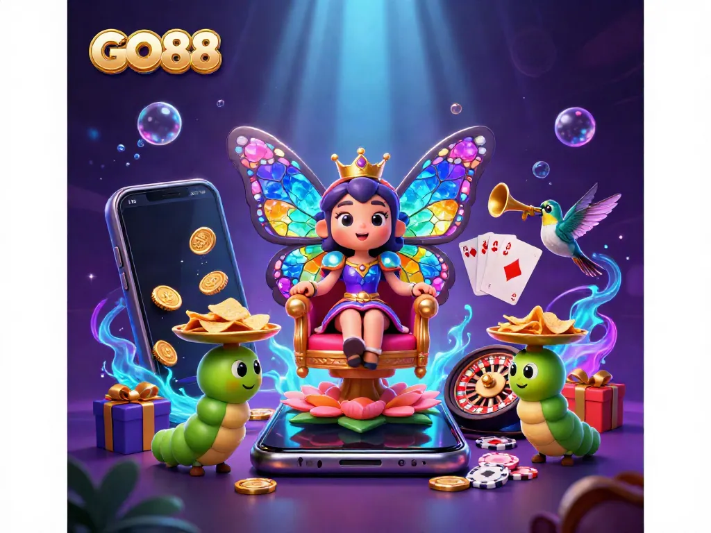 Experience excitement with GO88, featuring a butterfly queen and vibrant casino elements in a magical 3D scene.