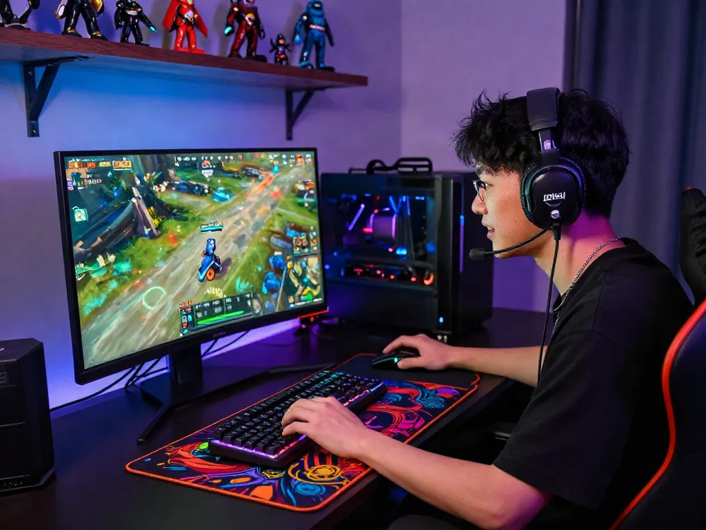 Exciting QQMacan online gaming setup showcasing a focused gamer with vibrant peripherals and an engaging atmosphere.
