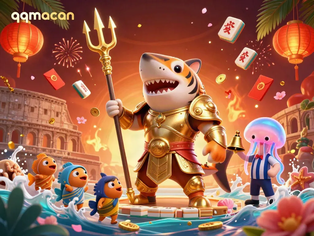 Experience the thrill of qqmacan with an illustrated underwater battle scene featuring a gladiator shark.