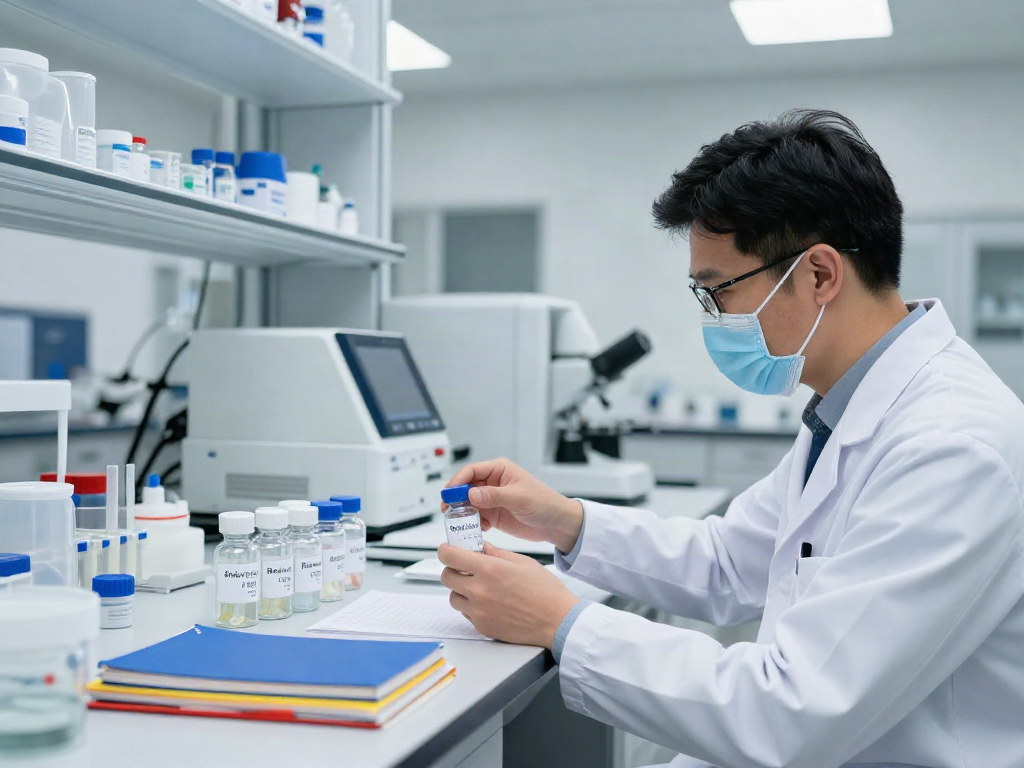 Scientist analyzing Swiss Chems peptides in a modern lab environment.