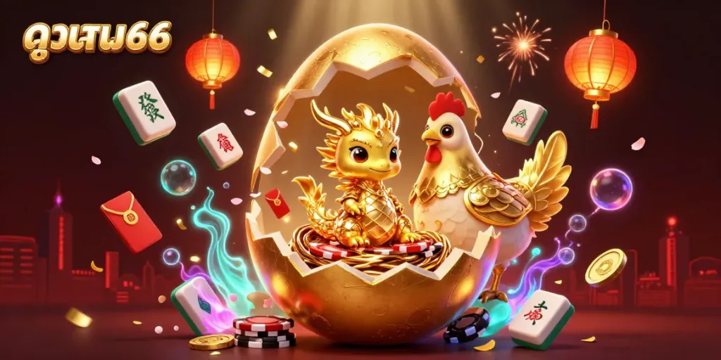Experience the vibrant allure of ดูบอล66 as a golden egg reveals a dragon amidst dynamic gambling elements.