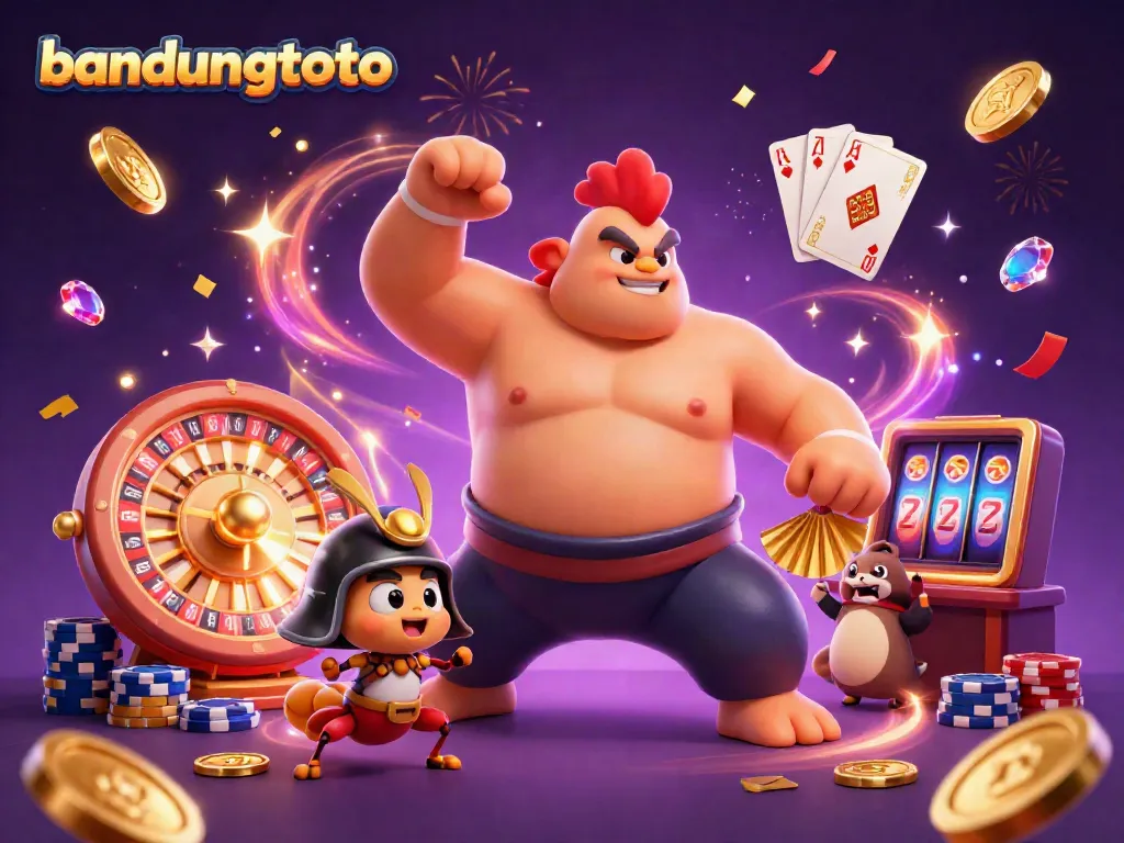 Engage in thrilling action at bandungtoto with a dynamic sumo wrestler rooster and unique casino elements.