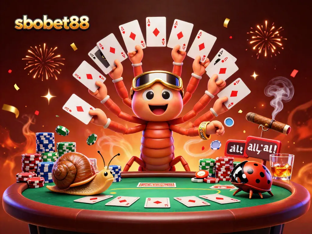 Experience thrilling moments with sbobet88 in this vibrant poker scene featuring dynamic characters and rich casino elements.