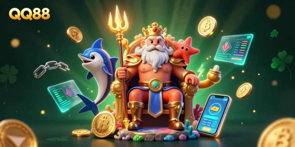Experience the excitement of QQ88 with vibrant 3D characters and glowing cryptocurrencies in an immersive casino setting.