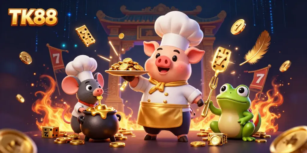 Engaging scene with TK88 casino characters showcasing gold coins and slots in a vibrant atmosphere.