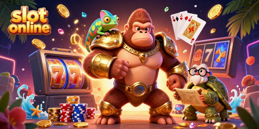 Engaging slot online scene featuring a gorilla king, chameleon, and tortoise amidst golden coins and vibrant slot elements.