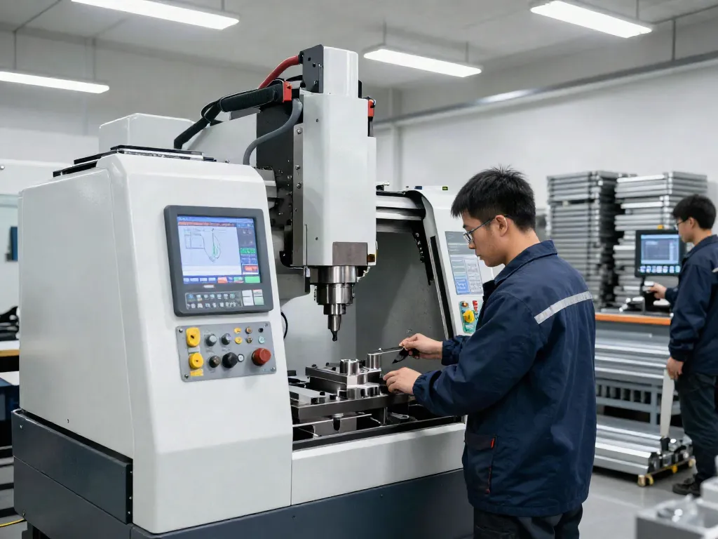 CNC machining parts manufacturer workshop with technicians operating machines in a bright, organized environment.