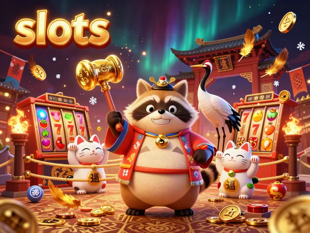 Experience thrilling slots action with a playful tanuki, samurai crane, and vibrant fortune cats in a dynamic casino scene.