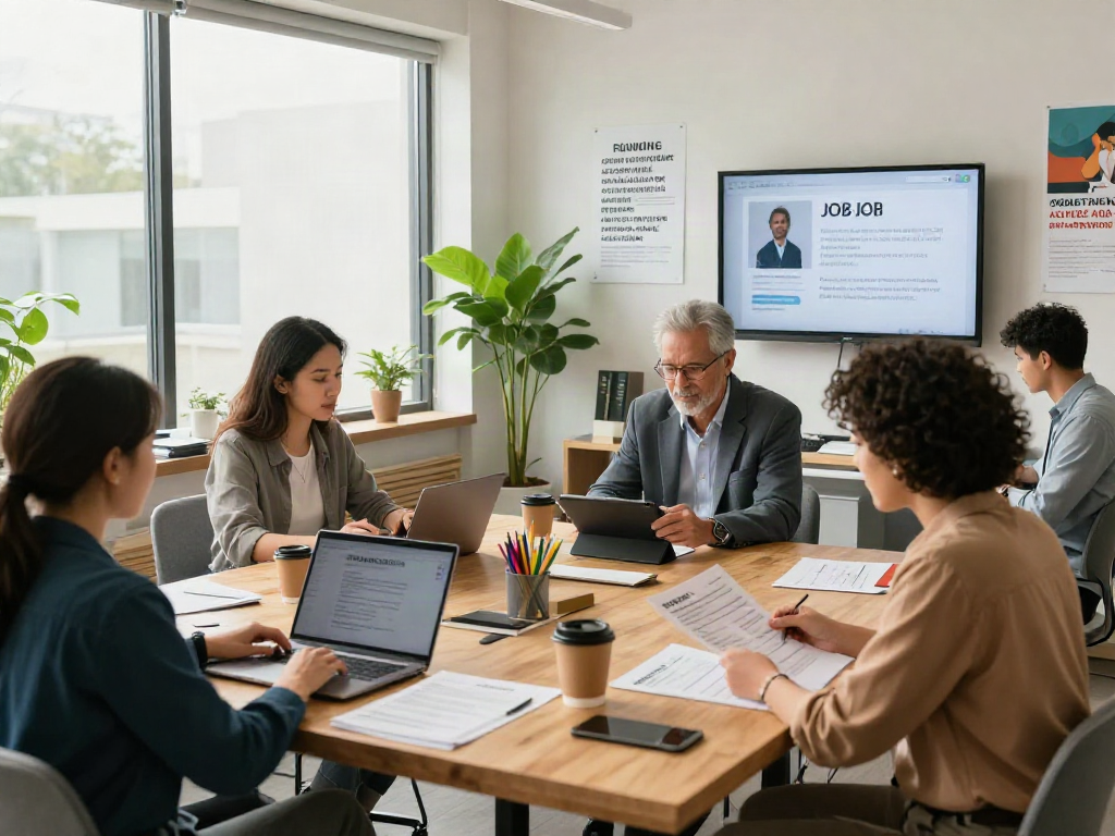 Job seekers collaborating in a modern office space while หางาน in 2026, showcasing teamwork and engagement.