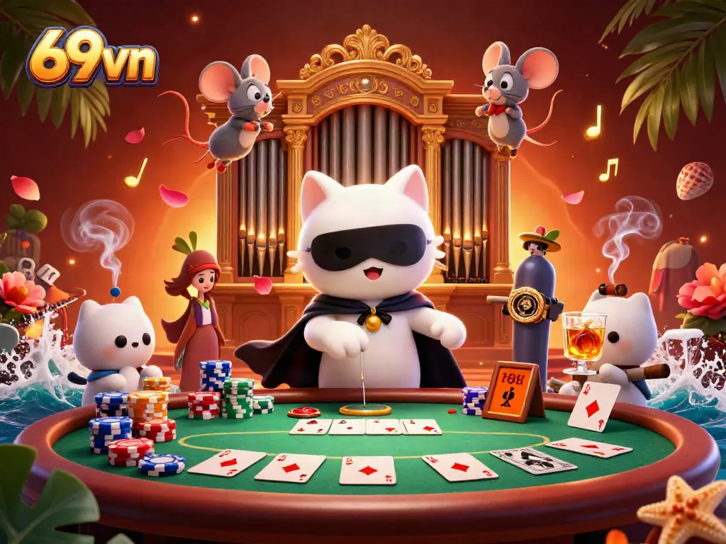 Experience thrilling gaming action at 69vn with a vibrant casino scene showcasing poker and acrobat elements.