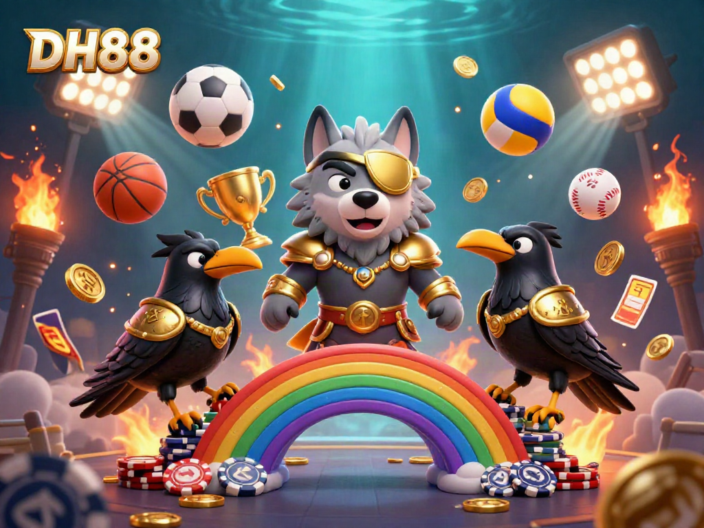 Experience thrilling wins at DH88 with a vibrant 3D illustration showcasing dynamic sports elements and an enchanting casino scene.